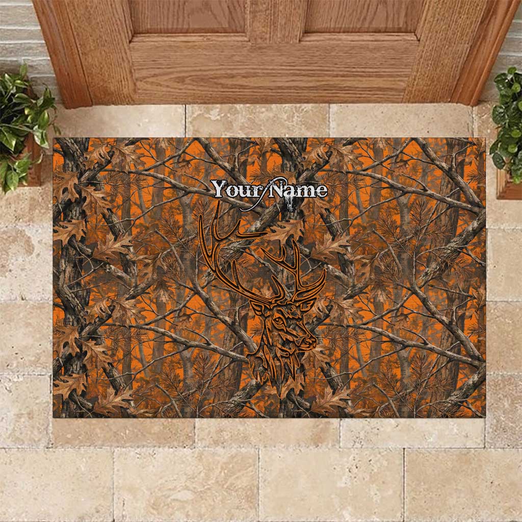 Personalized Deer Hunter Rubber Doormat Antler Outline and Autumn Camouflage Hunting