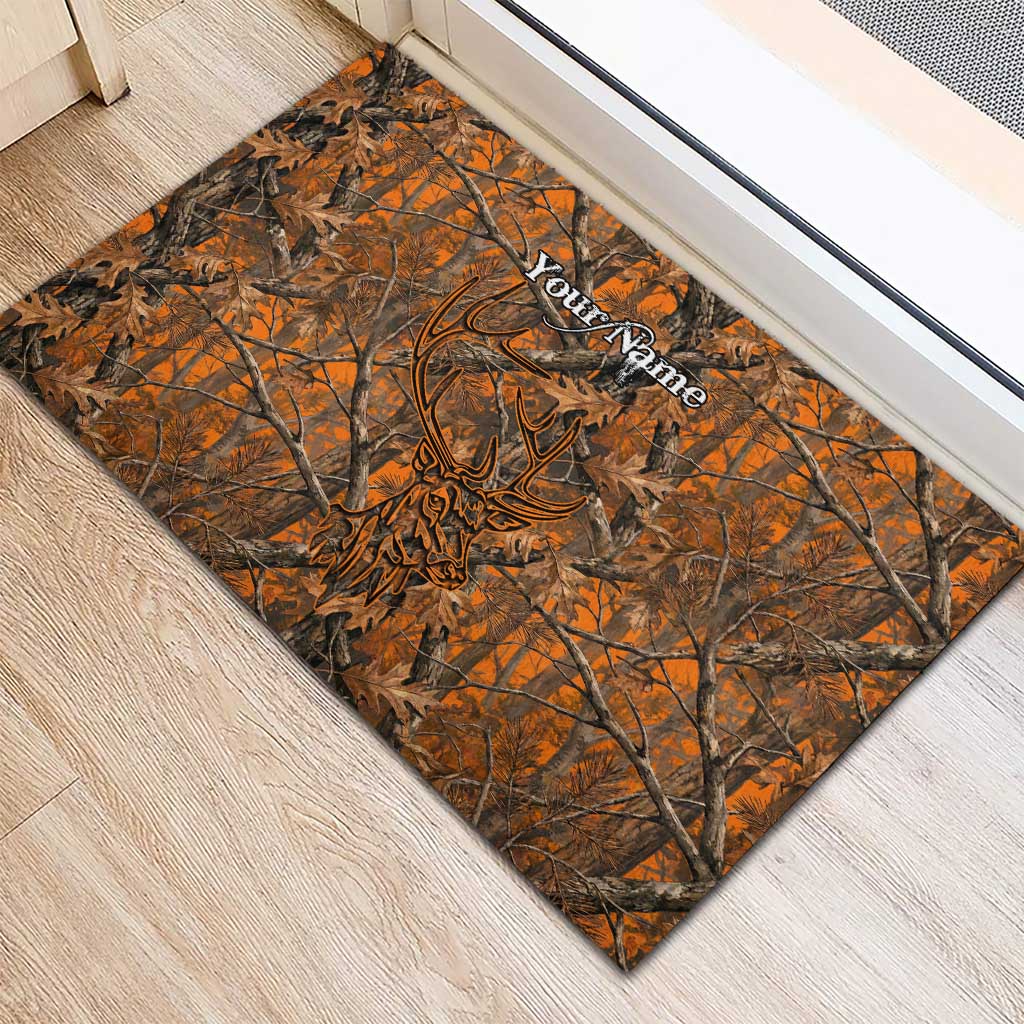 Personalized Deer Hunter Rubber Doormat Antler Outline and Autumn Camouflage Hunting