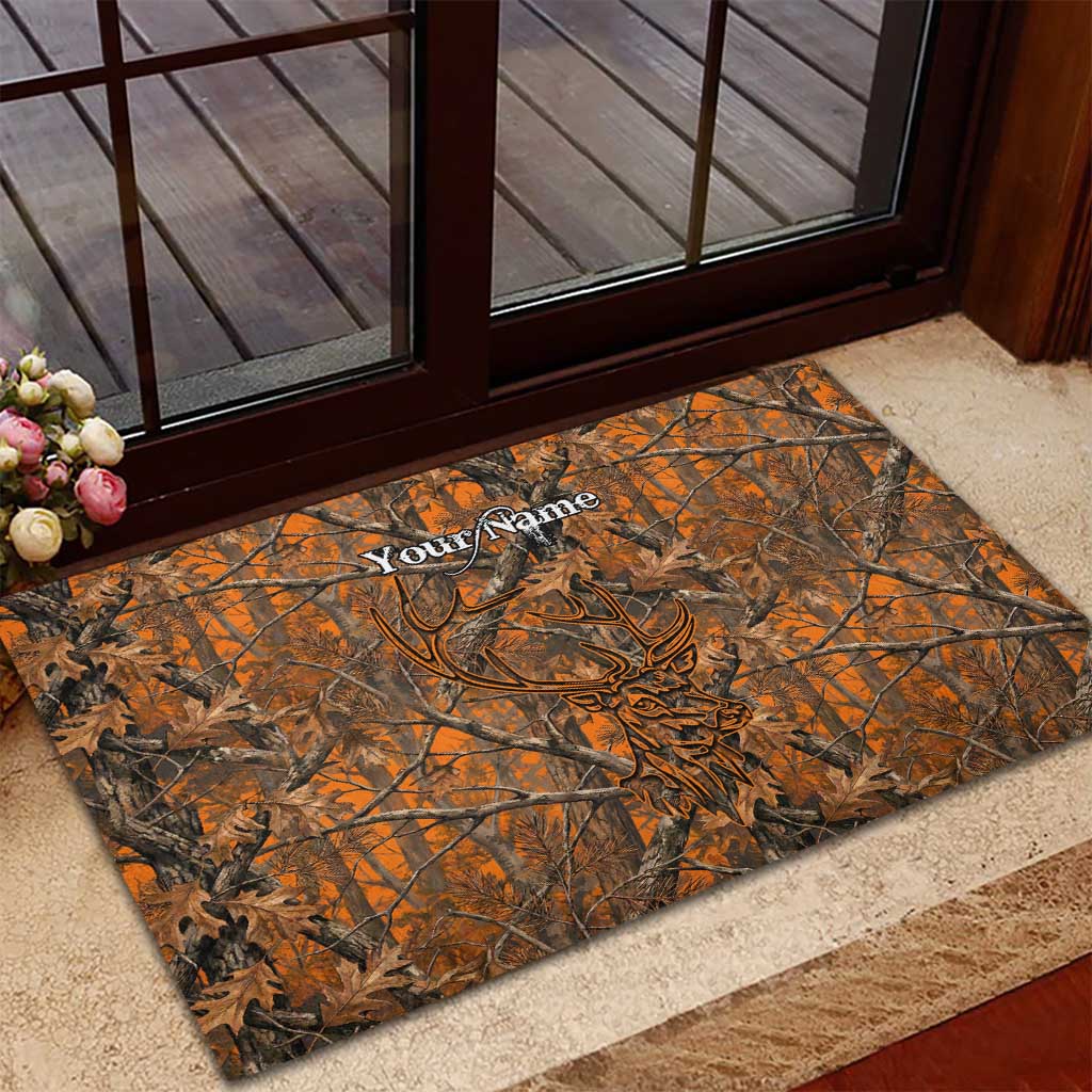 Personalized Deer Hunter Rubber Doormat Antler Outline and Autumn Camouflage Hunting
