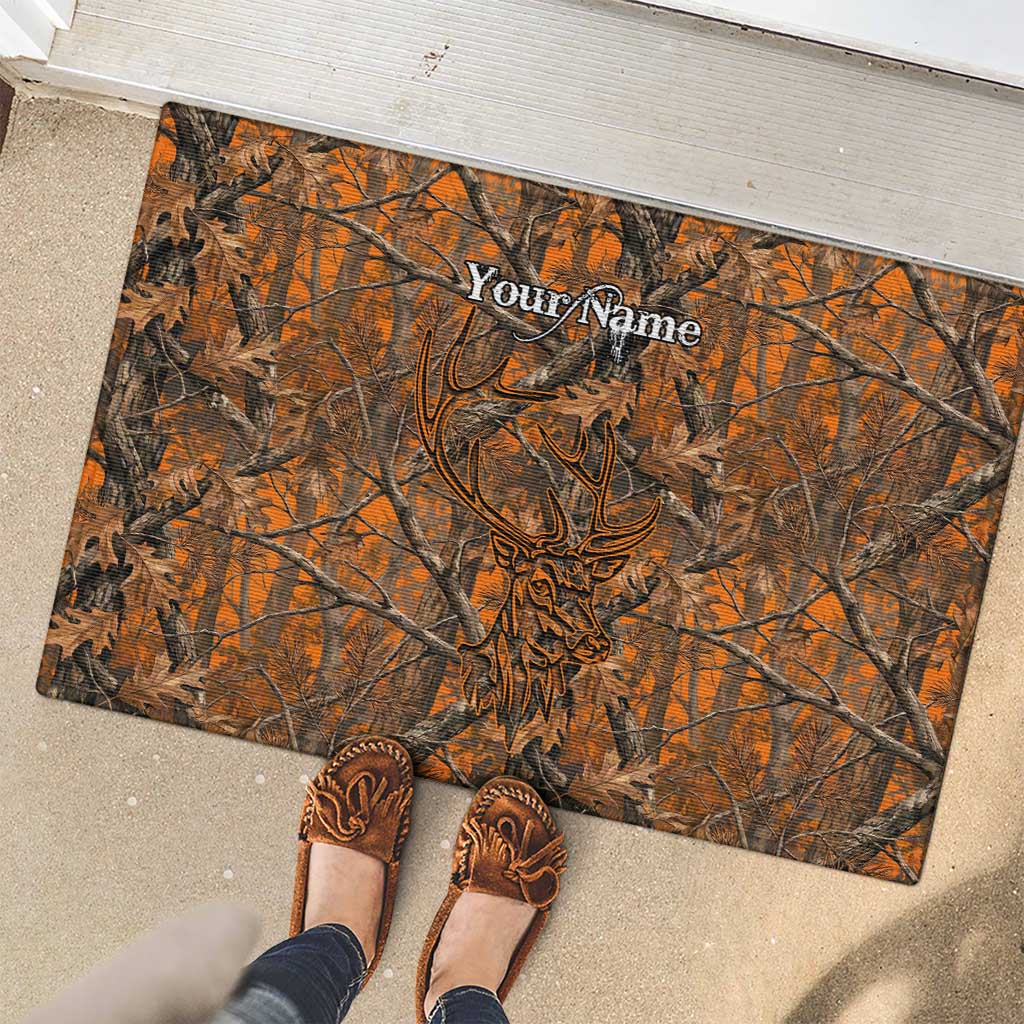 Personalized Deer Hunter Rubber Doormat Antler Outline and Autumn Camouflage Hunting