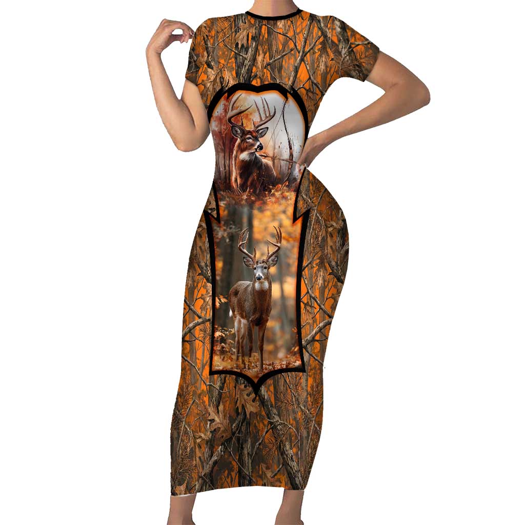 Personalized Deer Hunter Short Sleeve Bodycon Dress Antler Outline and Autumn Camouflage Hunting