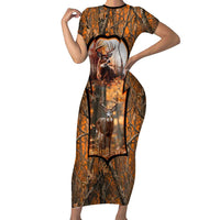 Personalized Deer Hunter Short Sleeve Bodycon Dress Antler Outline and Autumn Camouflage Hunting