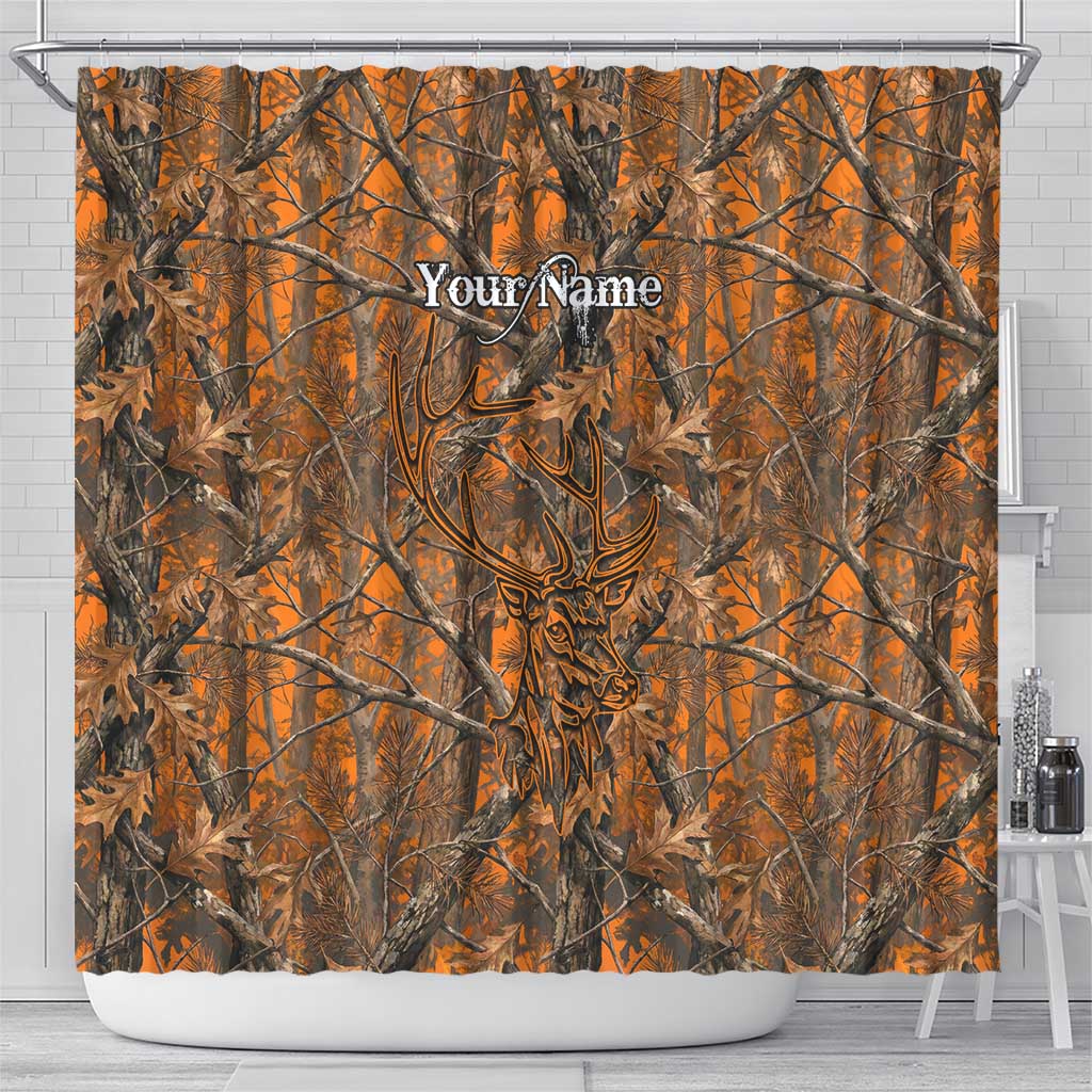 Personalized Deer Hunter Shower Curtain Antler Outline and Autumn Camouflage Hunting