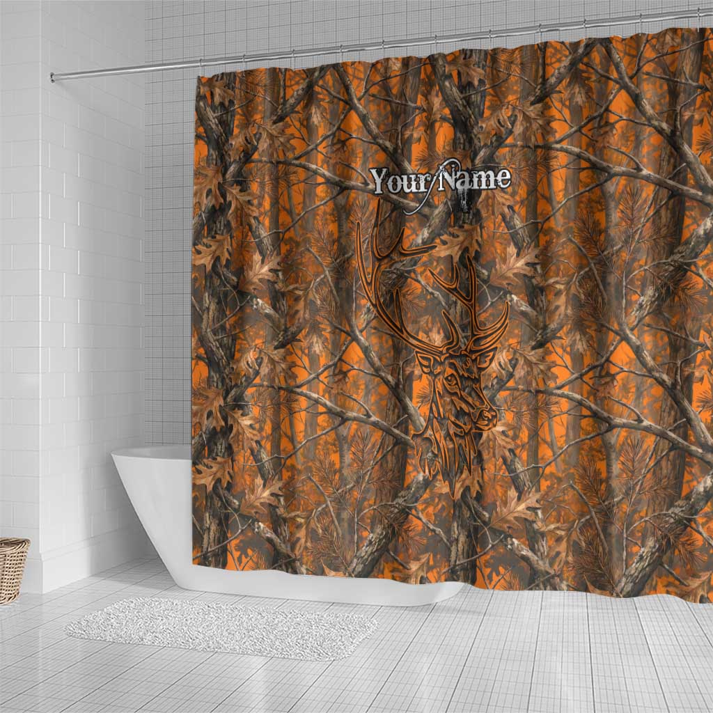 Personalized Deer Hunter Shower Curtain Antler Outline and Autumn Camouflage Hunting