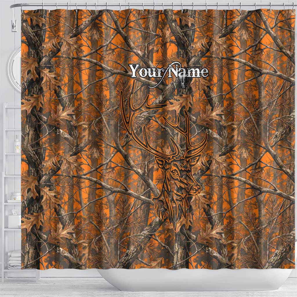 Personalized Deer Hunter Shower Curtain Antler Outline and Autumn Camouflage Hunting