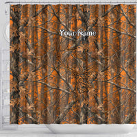 Personalized Deer Hunter Shower Curtain Antler Outline and Autumn Camouflage Hunting