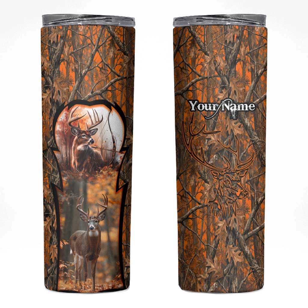 Personalized Deer Hunter Skinny Tumbler Antler Outline and Autumn Camouflage Hunting