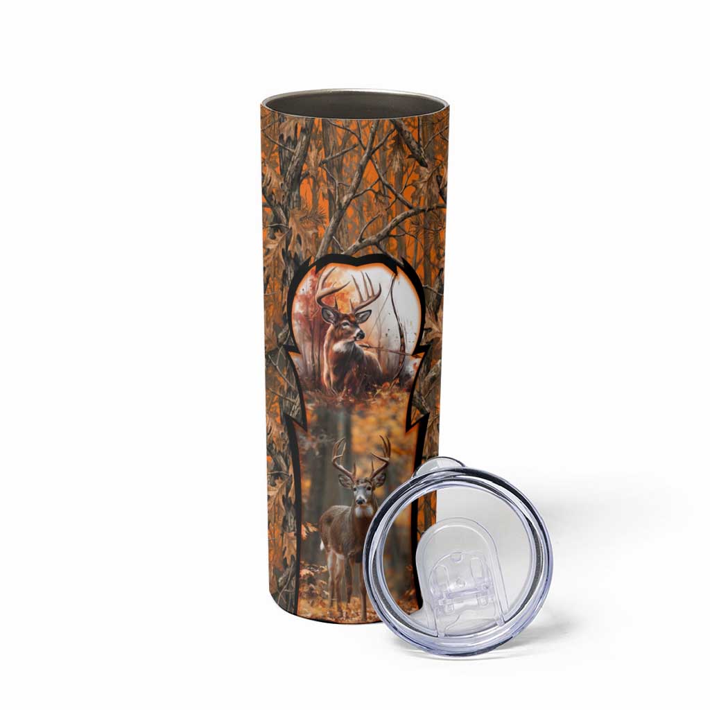 Personalized Deer Hunter Skinny Tumbler Antler Outline and Autumn Camouflage Hunting