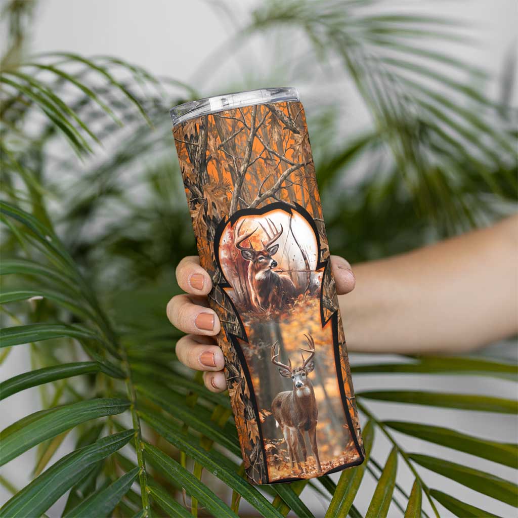 Personalized Deer Hunter Skinny Tumbler Antler Outline and Autumn Camouflage Hunting