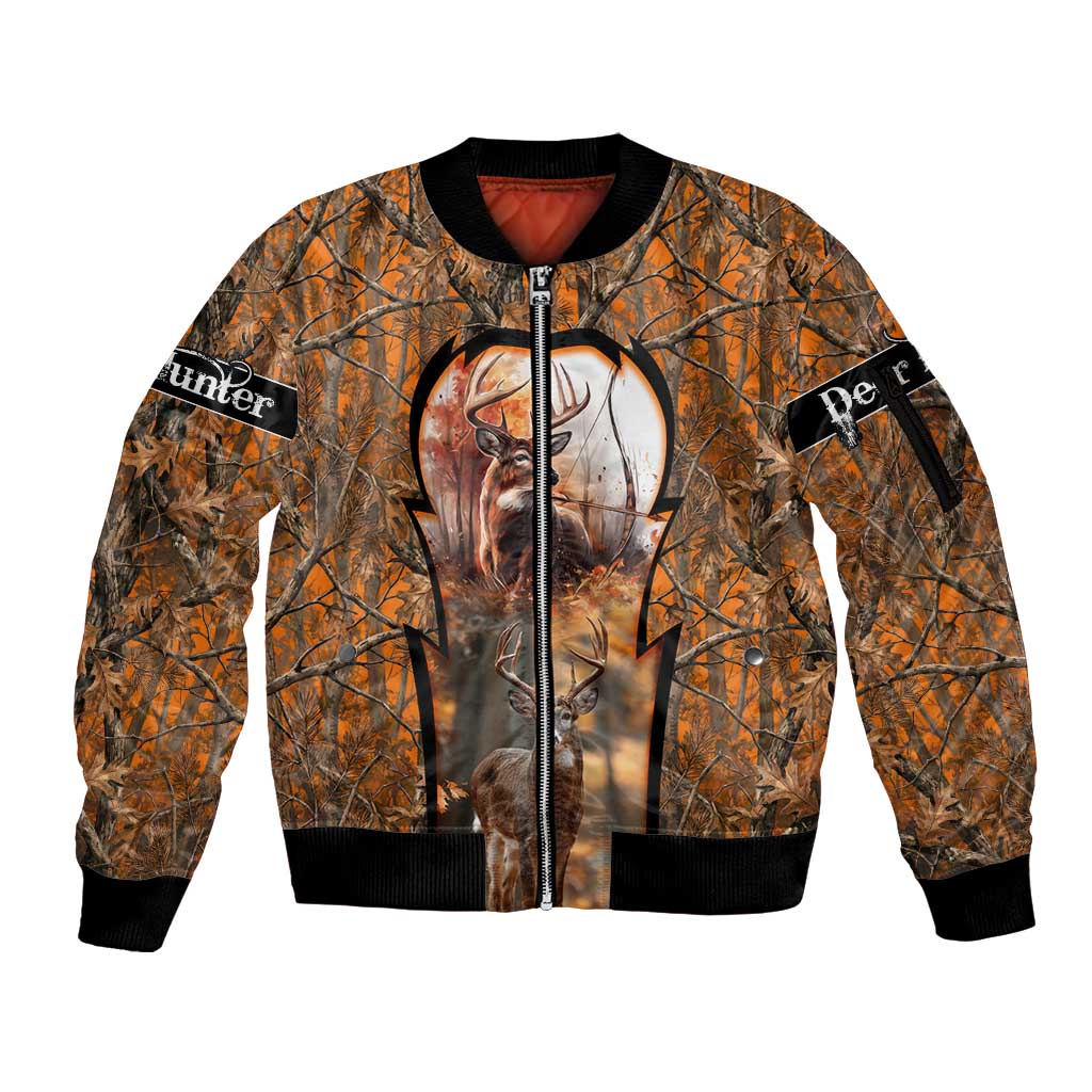 Personalized Deer Hunter Sleeve Zip Bomber Jacket Antler Outline and Autumn Camouflage Hunting