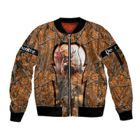 Personalized Deer Hunter Sleeve Zip Bomber Jacket Antler Outline and Autumn Camouflage Hunting