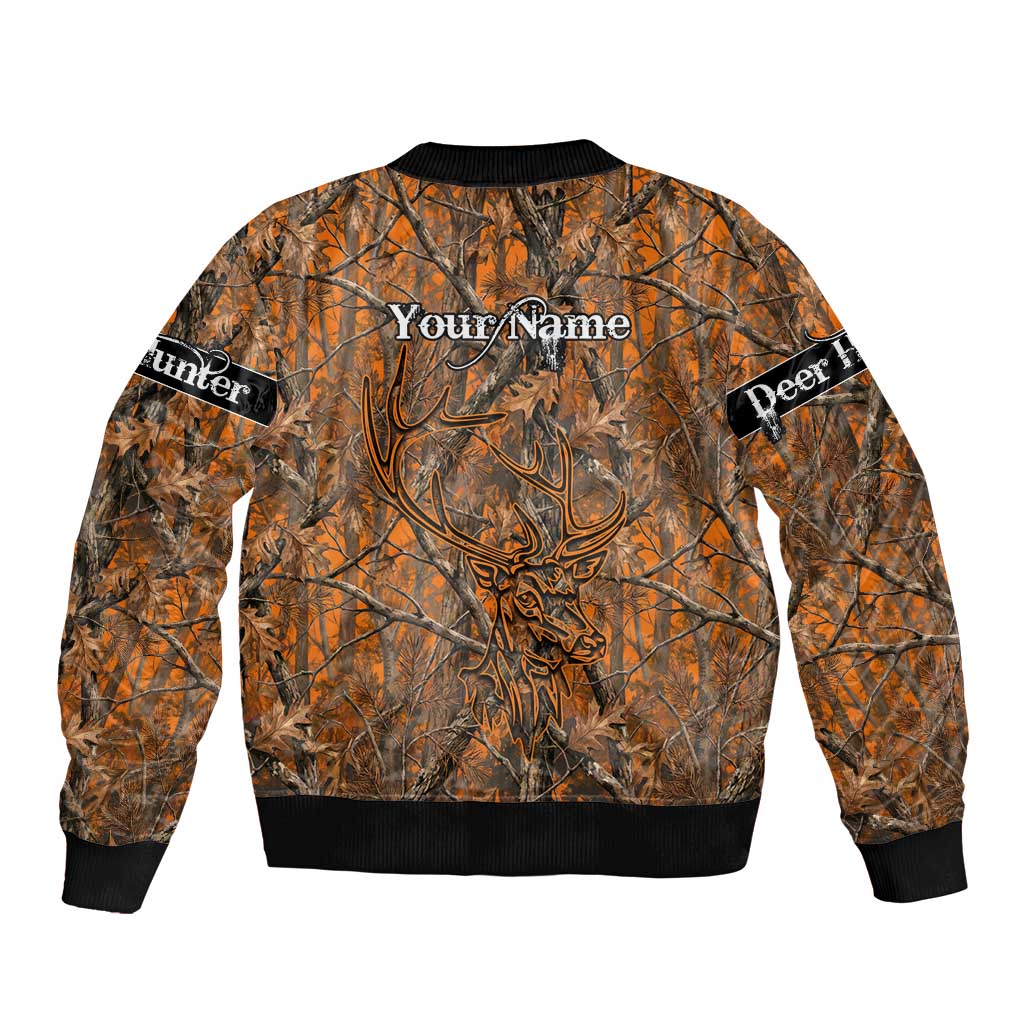Personalized Deer Hunter Sleeve Zip Bomber Jacket Antler Outline and Autumn Camouflage Hunting
