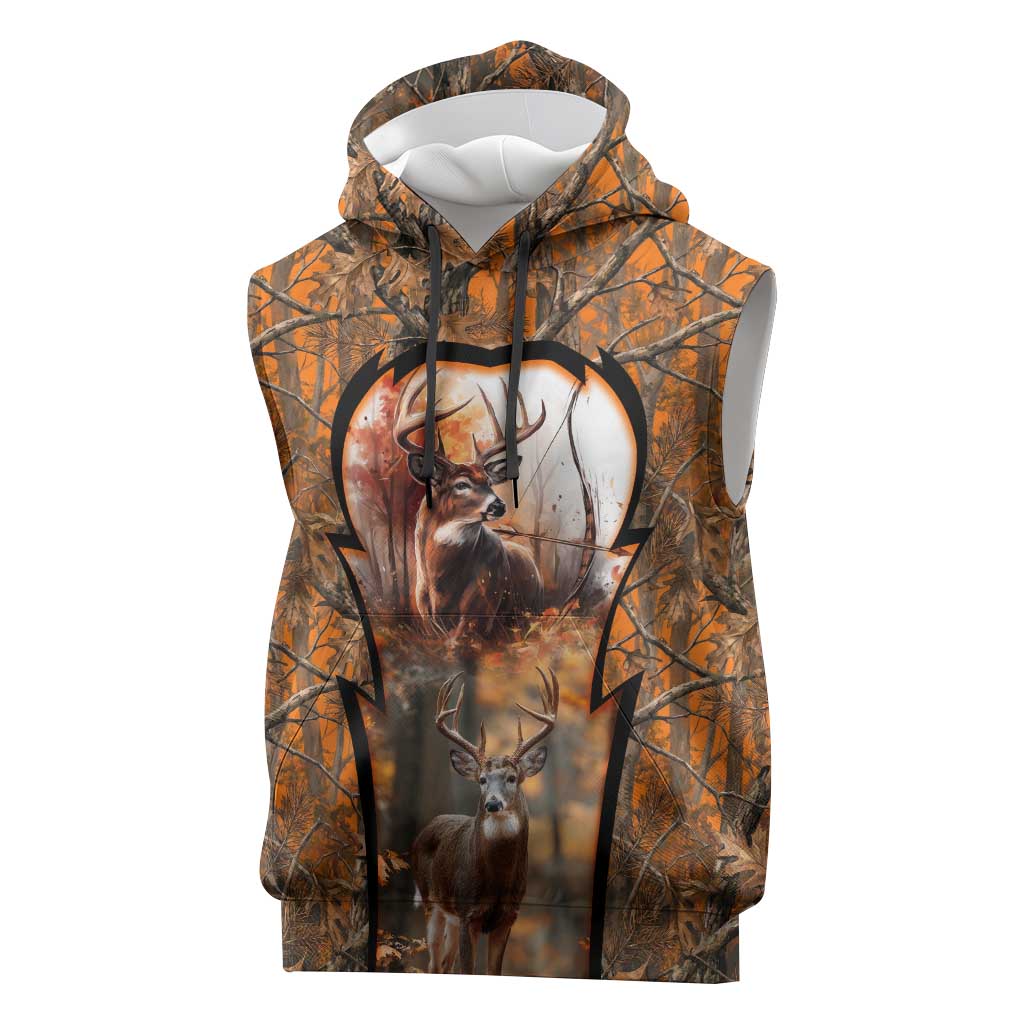 Personalized Deer Hunter Sleeveless Hoodie Antler Outline and Autumn Camouflage Hunting