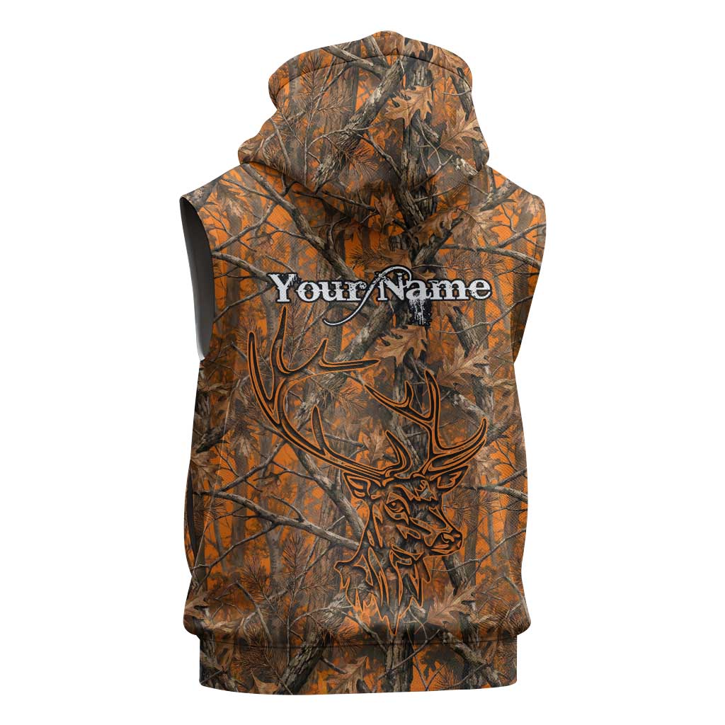 Personalized Deer Hunter Sleeveless Hoodie Antler Outline and Autumn Camouflage Hunting