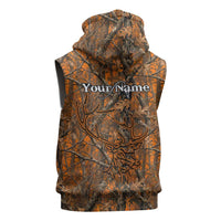 Personalized Deer Hunter Sleeveless Hoodie Antler Outline and Autumn Camouflage Hunting