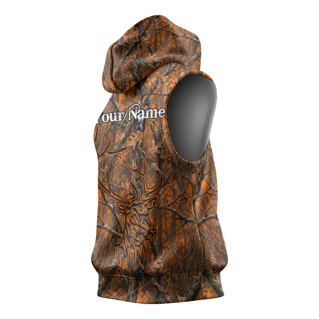 Personalized Deer Hunter Sleeveless Hoodie Antler Outline and Autumn Camouflage Hunting