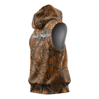 Personalized Deer Hunter Sleeveless Hoodie Antler Outline and Autumn Camouflage Hunting