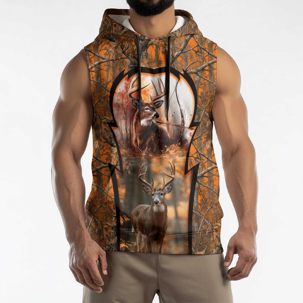 Personalized Deer Hunter Sleeveless Hoodie Antler Outline and Autumn Camouflage Hunting
