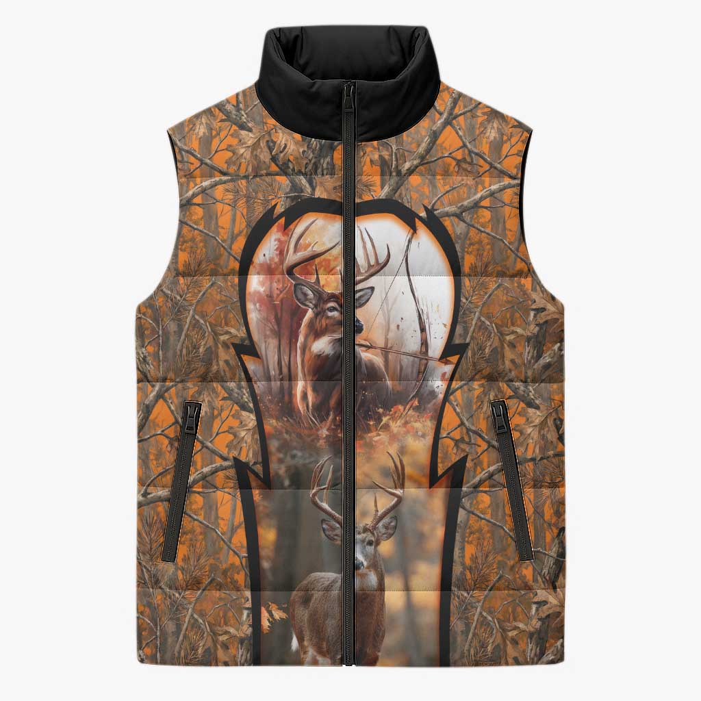 Personalized Deer Hunter Sleeveless Puffer Jacket Antler Outline and Autumn Camouflage Hunting