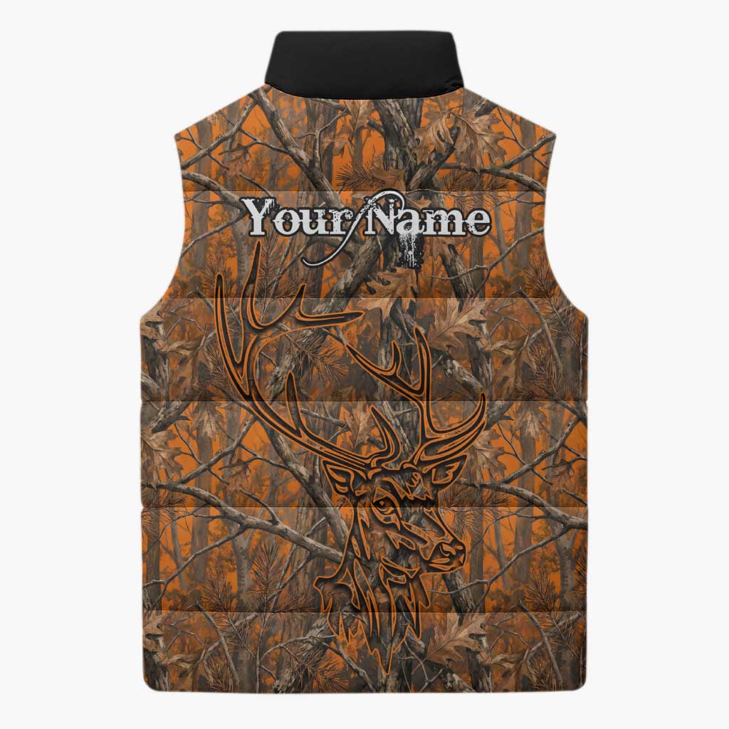 Personalized Deer Hunter Sleeveless Puffer Jacket Antler Outline and Autumn Camouflage Hunting