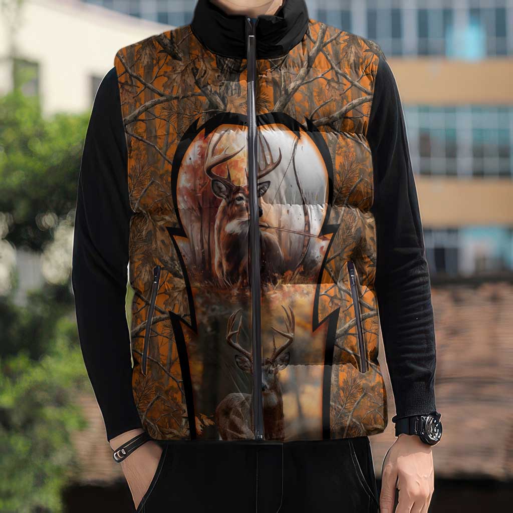 Personalized Deer Hunter Sleeveless Puffer Jacket Antler Outline and Autumn Camouflage Hunting