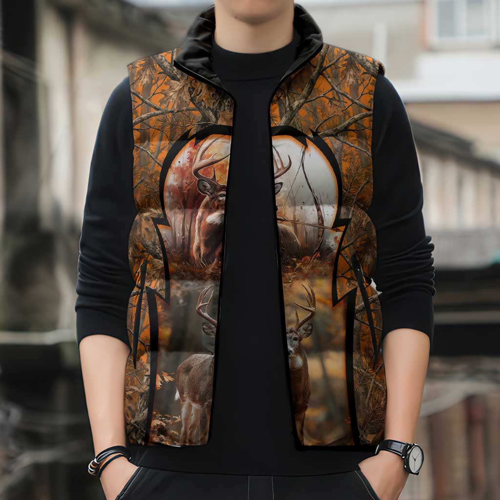 Personalized Deer Hunter Sleeveless Puffer Jacket Antler Outline and Autumn Camouflage Hunting