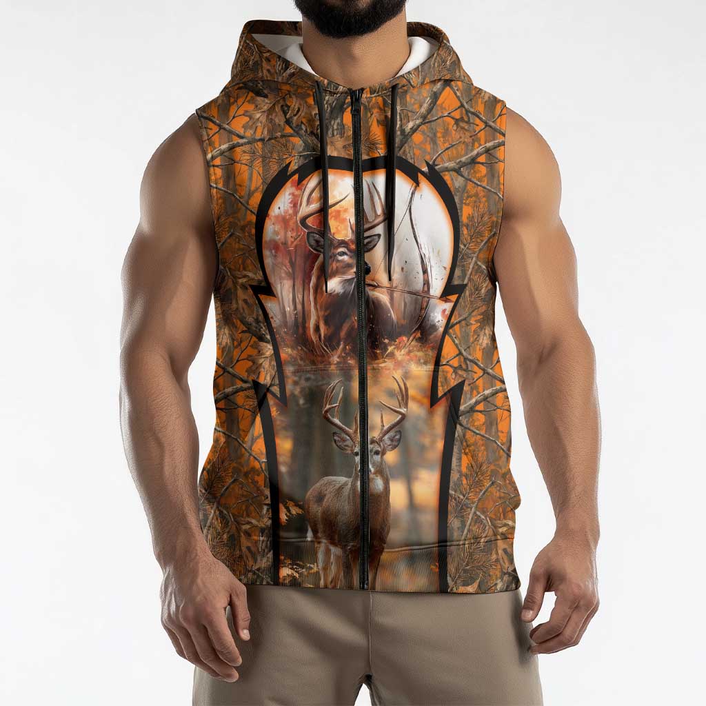 Personalized Deer Hunter Sleeveless Zip Hoodie Antler Outline and Autumn Camouflage Hunting