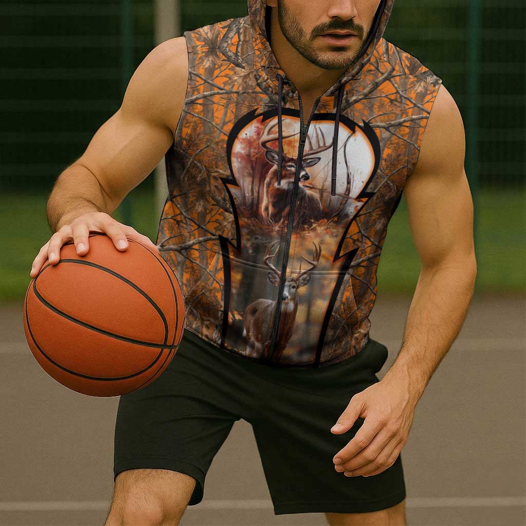 Personalized Deer Hunter Sleeveless Zip Hoodie Antler Outline and Autumn Camouflage Hunting