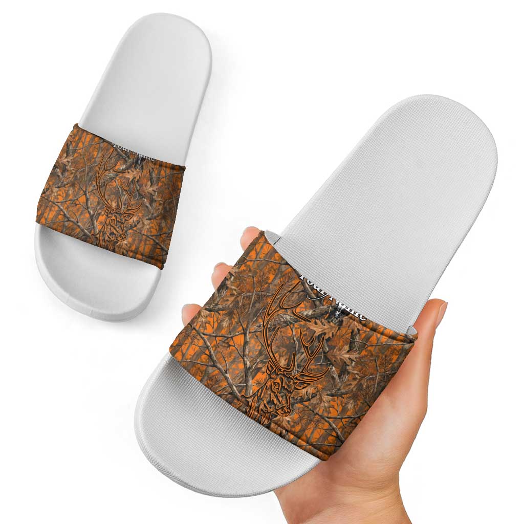Personalized Deer Hunter Slide Sandals Antler Outline and Autumn Camouflage Hunting
