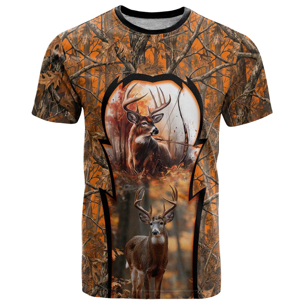 Personalized Deer Hunter T Shirt Antler Outline and Autumn Camouflage Hunting