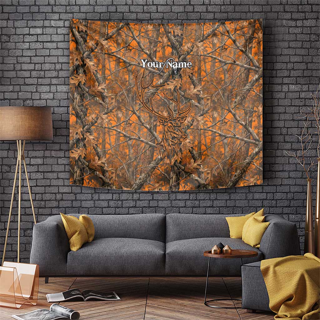 Personalized Deer Hunter Tapestry Antler Outline and Autumn Camouflage Hunting