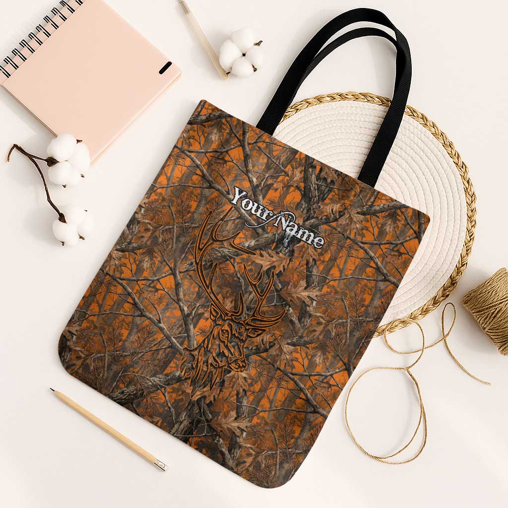 Personalized Deer Hunter Tote Bag Antler Outline and Autumn Camouflage Hunting