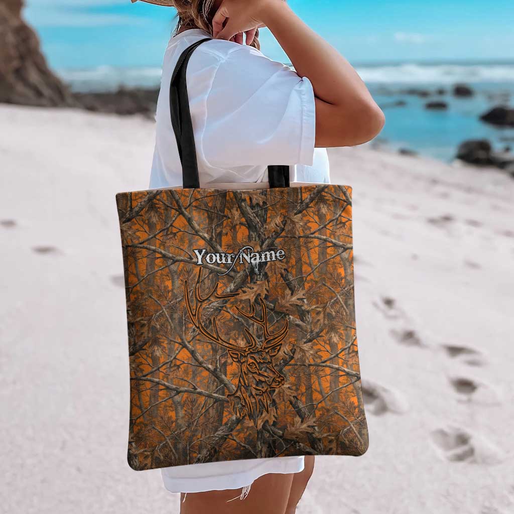 Personalized Deer Hunter Tote Bag Antler Outline and Autumn Camouflage Hunting