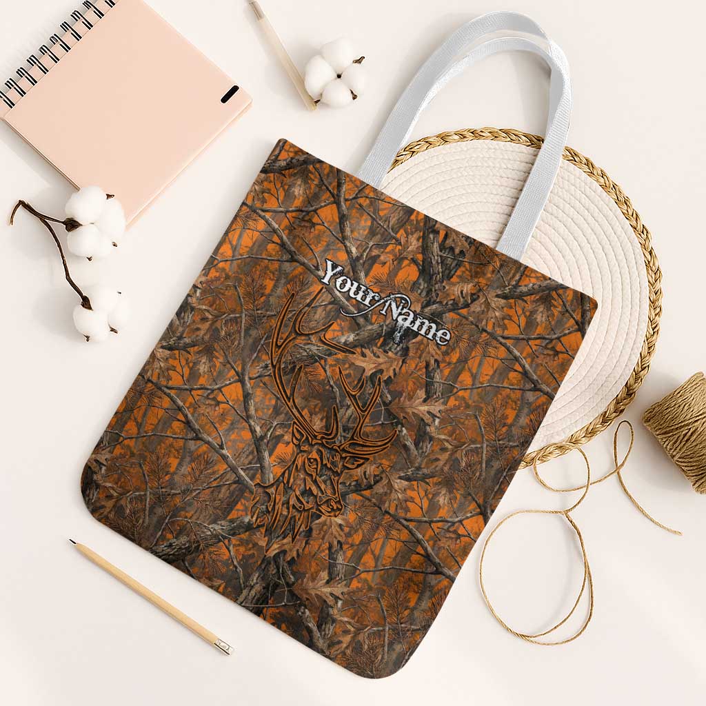 Personalized Deer Hunter Tote Bag Antler Outline and Autumn Camouflage Hunting