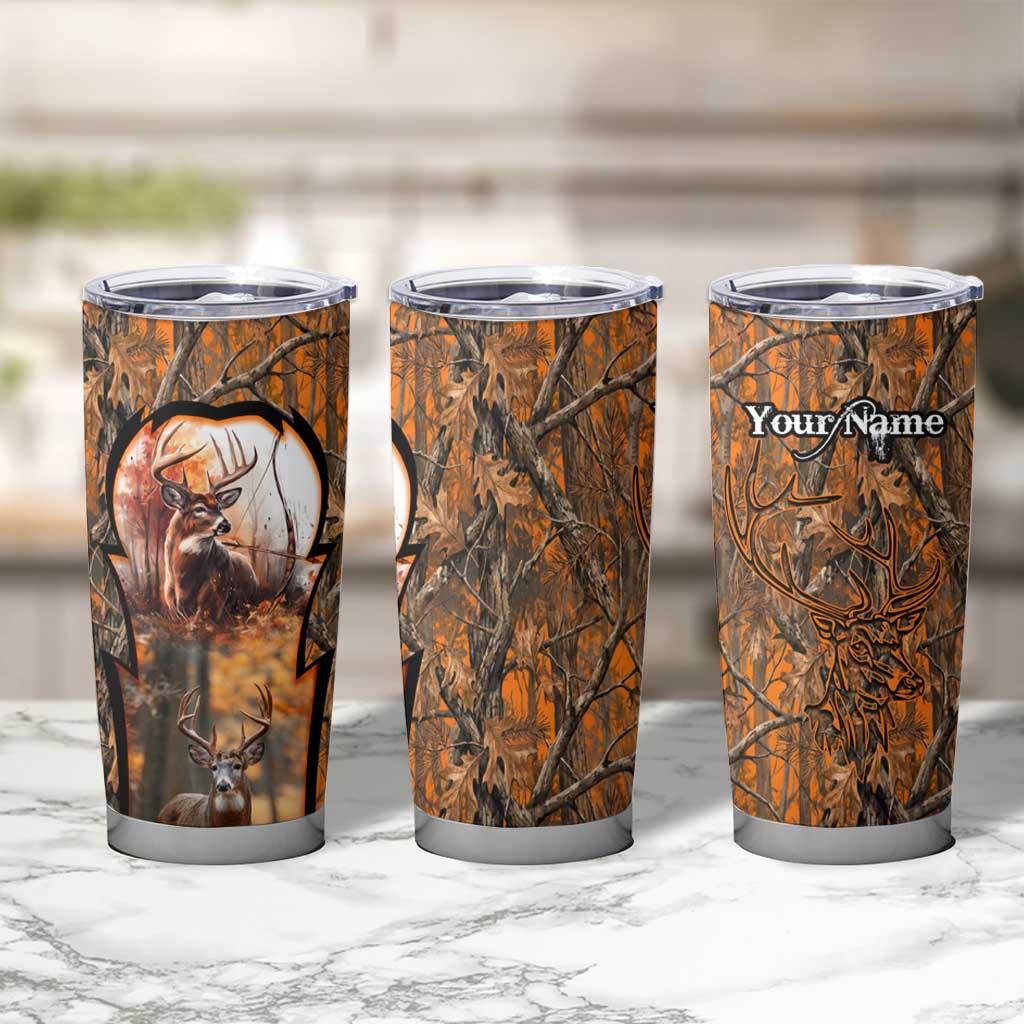 Personalized Deer Hunter Tumbler Cup Antler Outline and Autumn Camouflage Hunting