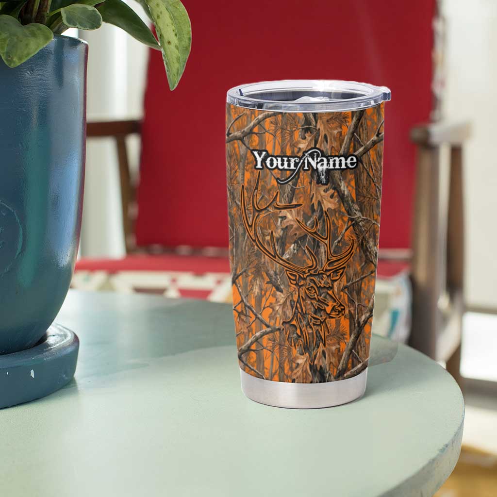 Personalized Deer Hunter Tumbler Cup Antler Outline and Autumn Camouflage Hunting