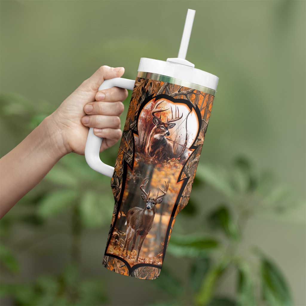 Personalized Deer Hunter Tumbler With Handle Antler Outline and Autumn Camouflage Hunting