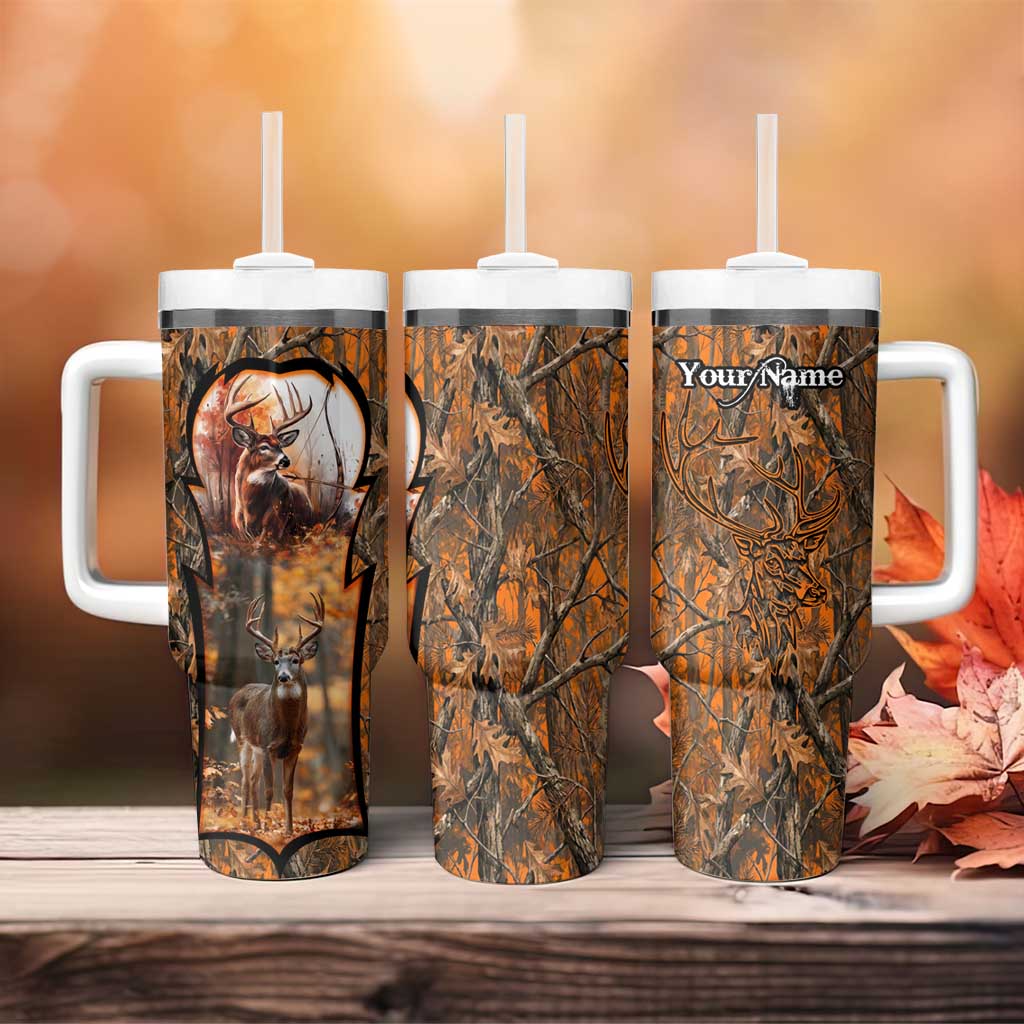 Personalized Deer Hunter Tumbler With Handle Antler Outline and Autumn Camouflage Hunting