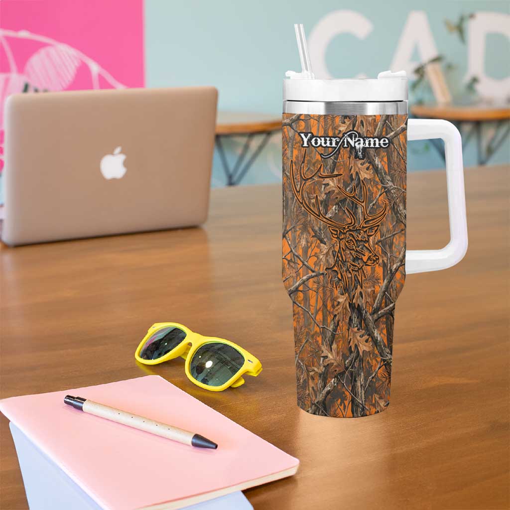 Personalized Deer Hunter Tumbler With Handle Antler Outline and Autumn Camouflage Hunting