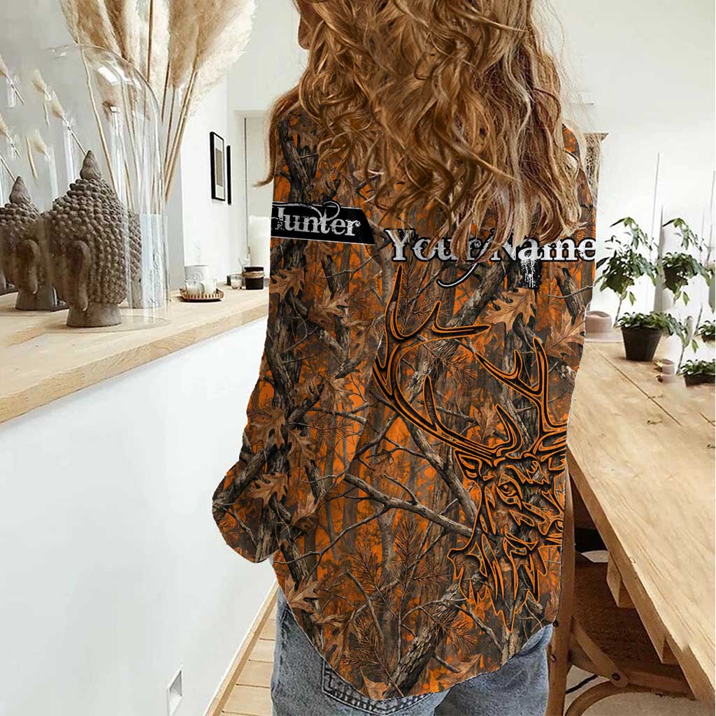 Personalized Deer Hunter Women Casual Shirt Antler Outline and Autumn Camouflage Hunting