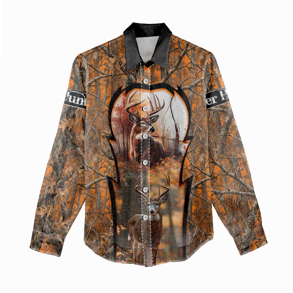 Personalized Deer Hunter Women Casual Shirt Antler Outline and Autumn Camouflage Hunting