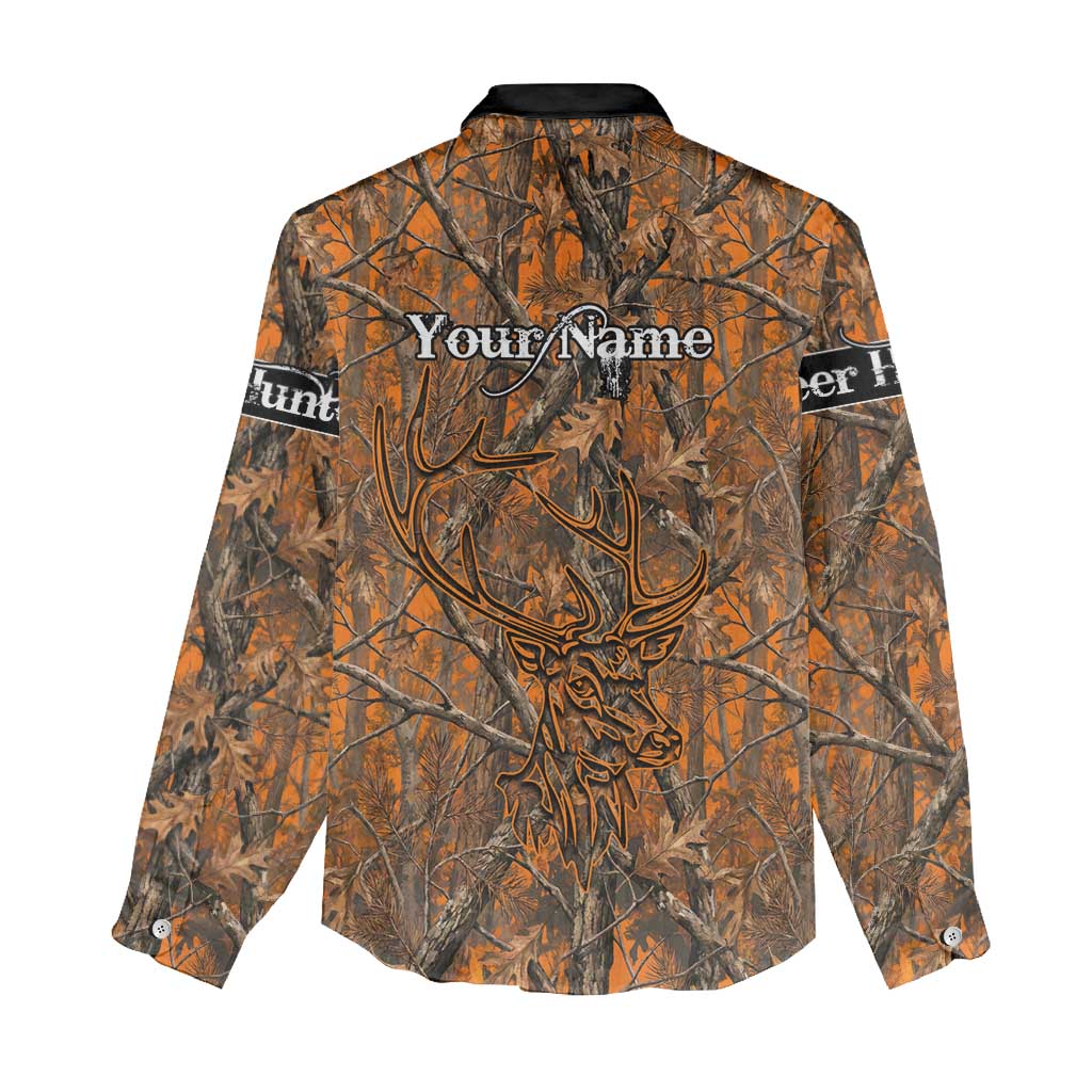 Personalized Deer Hunter Women Casual Shirt Antler Outline and Autumn Camouflage Hunting