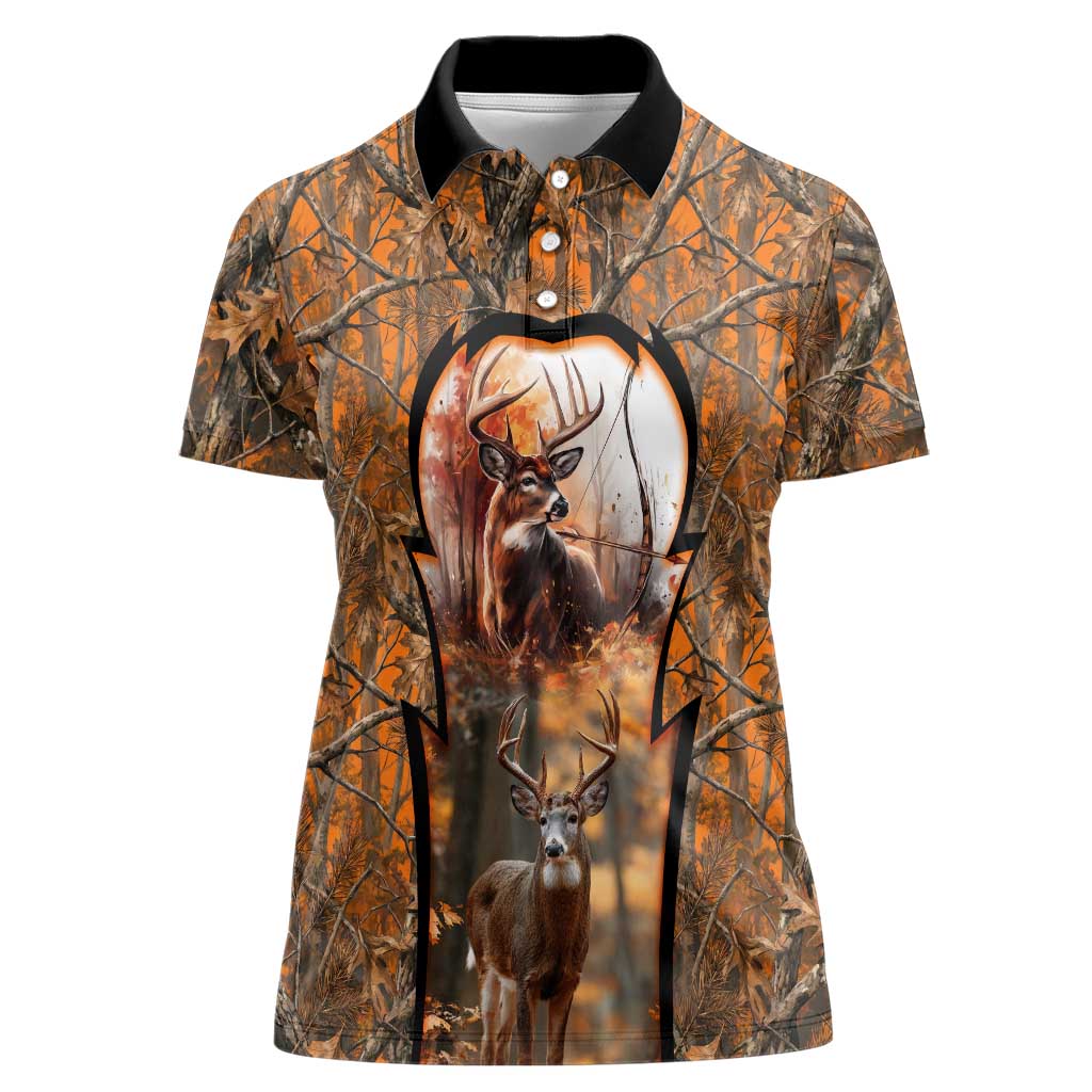 Personalized Deer Hunter Women Polo Shirt Antler Outline and Autumn Camouflage Hunting