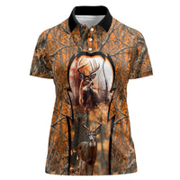 Personalized Deer Hunter Women Polo Shirt Antler Outline and Autumn Camouflage Hunting