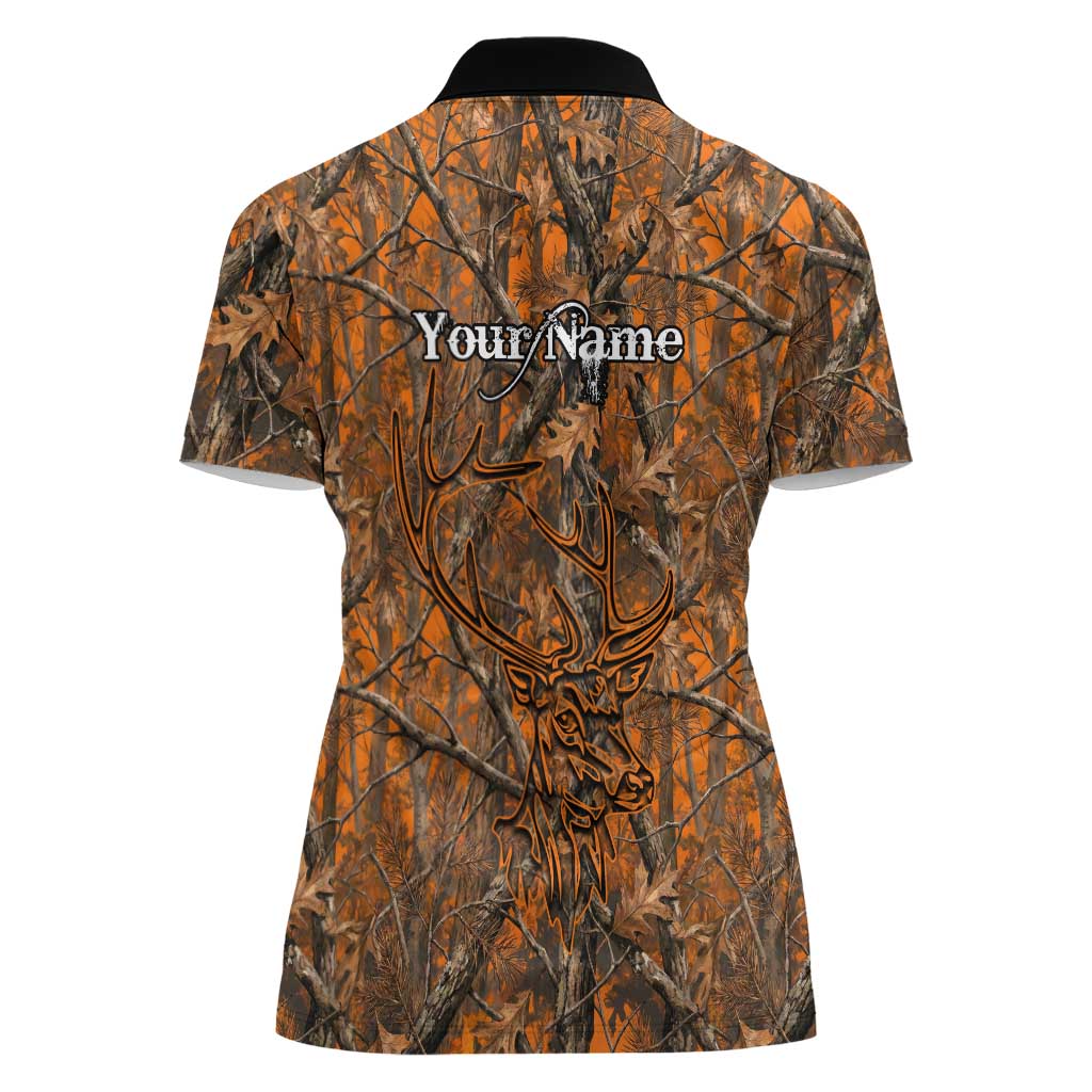 Personalized Deer Hunter Women Polo Shirt Antler Outline and Autumn Camouflage Hunting