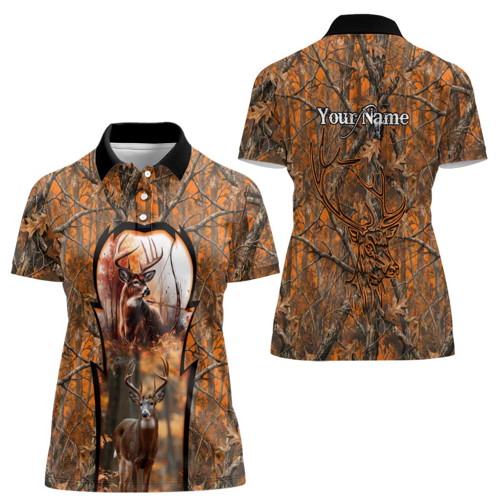 Personalized Deer Hunter Women Polo Shirt Antler Outline and Autumn Camouflage Hunting
