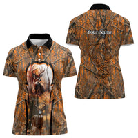 Personalized Deer Hunter Women Polo Shirt Antler Outline and Autumn Camouflage Hunting