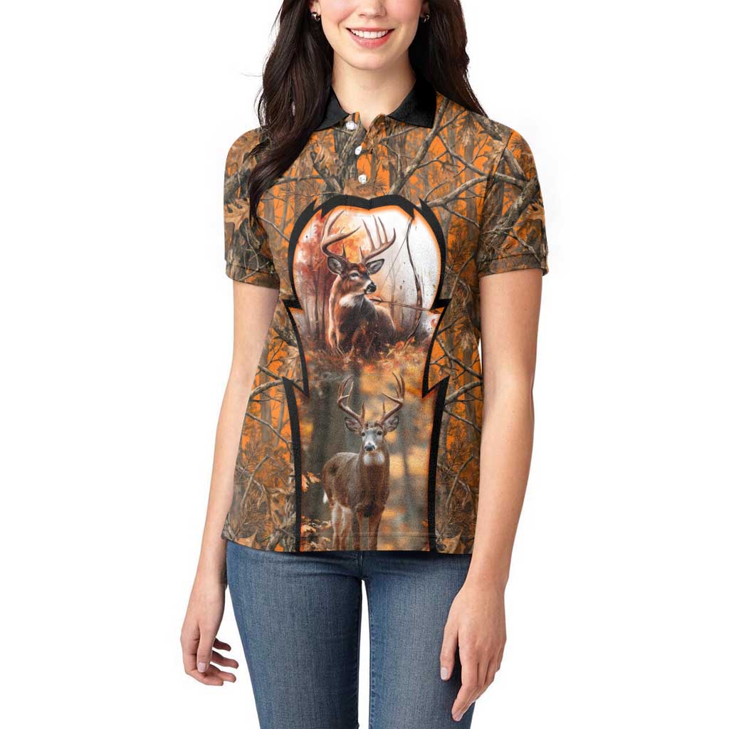 Personalized Deer Hunter Women Polo Shirt Antler Outline and Autumn Camouflage Hunting