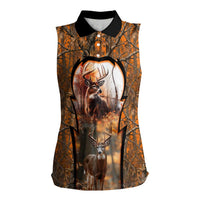Personalized Deer Hunter Women Sleeveless Polo Shirt Antler Outline and Autumn Camouflage Hunting