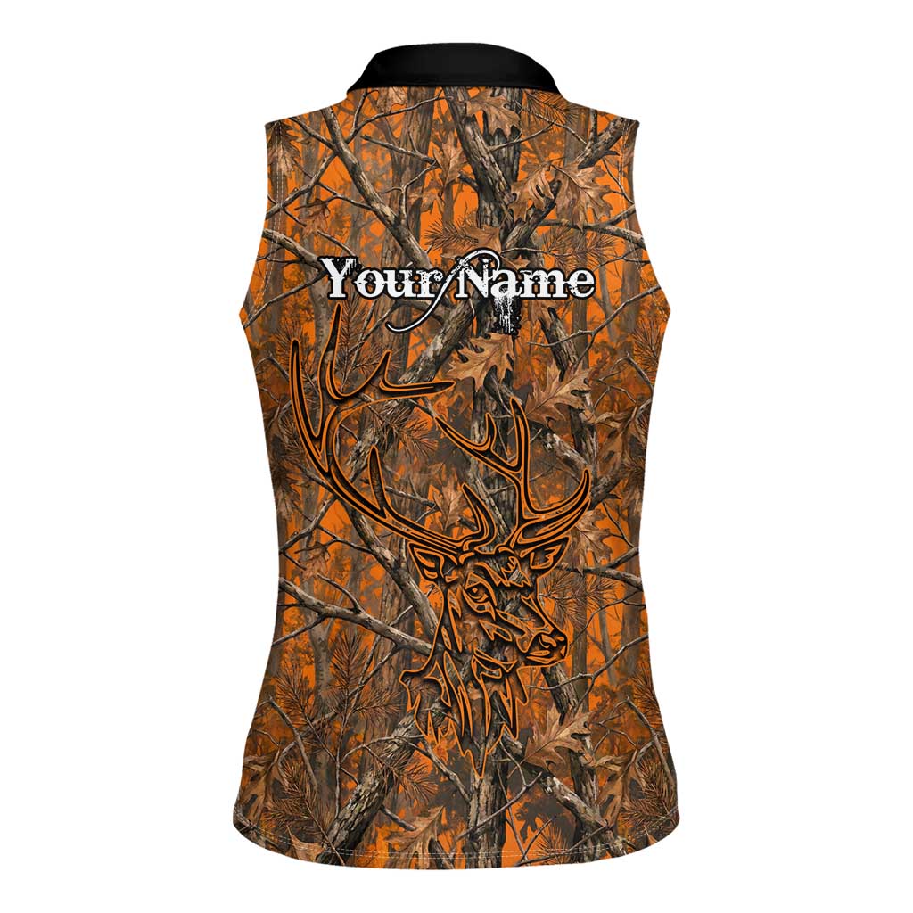 Personalized Deer Hunter Women Sleeveless Polo Shirt Antler Outline and Autumn Camouflage Hunting